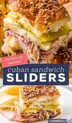 two sandwiches stacked on top of each other with text overlay that reads perfect for parties cuban sandwich sliders