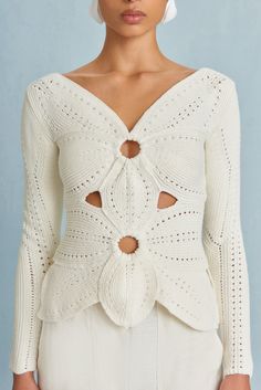 A crocheted long sleeve top featuring a floral design with thoughtful floral cutouts. — Crochet — Thoughtful cutouts — Pull on style — Hint of stretch Two Tone Crochet, Crocheted Clothing, Crochet Coat, Crochet Collar, Cult Gaia, Cotton Crochet, Dolce & Gabbana, Lady Dior, Top Pattern