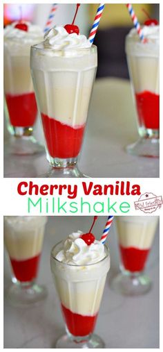 cherry vanilla milkshake with whipped cream and cherries in small glasses on a table