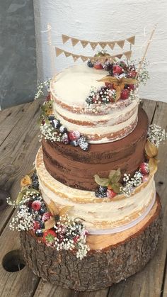 a multi layer cake sitting on top of a wooden table