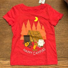 Cat & Jack Happy Camper T-Shirt Red Short Sleeve T-shirt For Outdoor, Casual Red T-shirt For Outdoor Activities, Red Short Sleeve T-shirt For Outdoors, Red Tops With Graphic Print For Outdoor, Red Graphic Print Top For Outdoor, Red Crew Neck Top For Outdoor Activities, Red Cotton Tops For Outdoor Activities, Red Short Sleeve Tops For Outdoor, Red Graphic Print T-shirt For Playtime