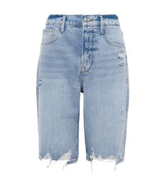 Frame puts a signature spin on Bermuda shorts with this faded pale blue pair. The high-rise pair are made from supremely comfortable cotton denim, and finished with heavy whiskering and slashed raw-edged cuffs. Light Wash Cutoff Shorts With Five Pockets, Light Wash Shorts With Five Pockets, Light Wash Bermuda Shorts With Frayed Hem, Relaxed Fit Light Wash Cutoff Bermuda Shorts, High-waisted Denim Bermuda Shorts With Frayed Hem, Denim Bermuda Shorts With Frayed Hem, Medium Wash Cotton Bermuda Shorts With Frayed Hem, Distressed Denim Cutoff Bermuda Shorts, Ripped Cutoff Bermuda Shorts For Spring