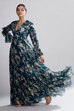 Shop for KoAi Green Chiffon Floral Print Maxi Dress for Women Online at Aza Fashions Cream Floral Dress, Blue Chiffon Dresses, Girls Maxi Dresses, Designer Maxi Dress, Maxi Dress For Women, Chiffon Floral, Floral Dresses Long, Maxi Dress Online, Floral Print Maxi Dress