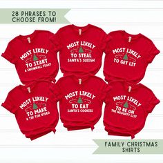 Spread some holiday cheer (and a few laughs!) with these funny matching Christmas t-shirts! Choose from a variety of hilarious sayings to create a unique and personalized look for your whole family. These soft and comfy tees are perfect for Christmas morning photos, holiday gatherings, or just lounging around the house in festive style.  - Unisex sizing. Fits true to size for most.  - All tees are matching red  - Soft, lightweight cotton tees  - Wide selection of funny Christmas sayings to choos Holiday Cotton Tops With Funny Print, Funny Christmas Holiday Tops, Funny Holiday T-shirt For Gift, Funny Short Sleeve Holiday Tops, Funny Christmas Crew Neck Top, Funny Christmas Holiday T-shirt, Novelty Christmas Crew Neck Top, Christmas Gift Tops With Funny Text, Christmas Novelty Crew Neck Tops