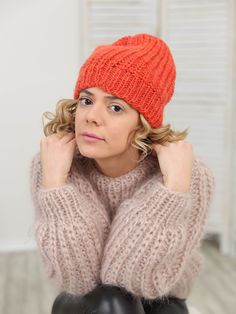 "Make a definite statement with your style by completing a cool outfit with our red mohair knit beanie hat that has a distinctive design that's soft and comfortable. The chunky knit and slightly slouchy fit will make a bold fashionable statement and promise to get you people's compliments. DETAILS - Made from 2 layers of 100 % natural Wool - The model is is wearing size S-М - As mostly all models in our shop the sweater is loose fit - Colour on photo - orange TAKING CARE - Hand wash only - Dry g Cozy Crochet Cap For Fall, Soft Knit Yarn Cap, Soft Knit Yarn Caps, Knitted Bonnet For Fall, One Size, Casual Hand Knitted Bonnet For Fall, Knitted Bonnet For Fall, One Size Fits Most, Knitted Fall Bonnet One Size, One-size Knitted Bonnet In Solid Color, Knit Beanie For Fall