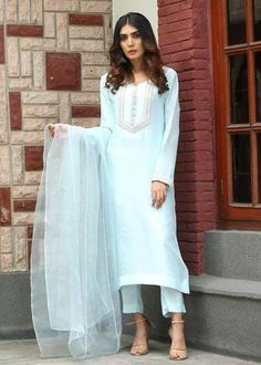 Beautiful ice blue hand embroidered salwar suit,the top has beads ,zari and sequin embroidery over the front and sleeves,it has matching pant and organza dupatta. ✨This dress can be customise in any other colour and in all size,please contact us regarding any changes if you want. ✨We use high quality fabric and threads for embroidery.You won't face any problem in future regarding fading of colour or anything. You can use this outfit for many years.  ✨We take little longer time to manufacture as we take lot of care while manufacturing the outfit. So that our customers get fully satisfied when they receive the dress. Your patience is important ✨There may be slight colour difference due to high quality camera resolution and other filters. Rest everything will be same.  🌸Wash Instructions: Dr Indian Plus Size, Pakistani Designer Dress, Designer Dresses Elegant, Chic Style Outfits, Embroidered Salwar, Suit Pakistani, Shirt Trouser, Plus Size Formal, Elegant Attire