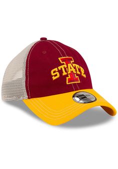 This Iowa State Cyclones Red Adjustable Hat features a front embroidered team logo on an unstructured crown with matching visor and contrast soft meshback. New Era Casual Classic Meshback, Front embroidered team logo, 6-panel design with eyelets, Soft contrast meshback, Adjustable Closure, Cotton & polyester blend material, Curved Bill, Low Crown, Unstructured, Imported Adjustable Collegiate Hats In Team Colors, Collegiate Visor Hats For Sports Events, Red Collegiate Hat For Sports Events, Collegiate Trucker Hat With Embroidered Logo For Baseball Season, Red Trucker Hat With Curved Visor For Sports Events, Collegiate Cap For Fan Gear, Collegiate Caps For Sports Events, Collegiate Style Caps For Sports Events, Sporty Visor Hat For Fan Gear