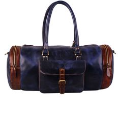 Blue Duffle Bag With Luggage Sleeve For Overnight Trips, Blue Weekender Bag For Overnight Trips, Blue Soft Leather Satchel For Travel, Blue Leather Weekender Bag With Large Capacity, Blue Leather Bag With Leather Trim, Blue Leather Shoulder Bag With Leather Trim, Large Capacity Blue Leather Travel Bag, Blue Leather Bag For Trip, Luxury Navy Leather Satchel