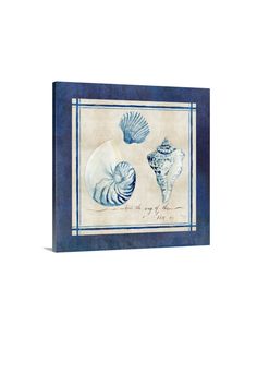 two seashells on parchment paper with blue trim around the edges, framed against a white background