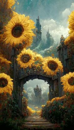 the sunflowers are blooming in front of an arch leading to a castle