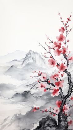 a painting of a tree with red flowers in the foreground and mountains in the background