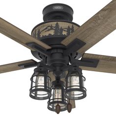 a ceiling fan with three lights and wood blades