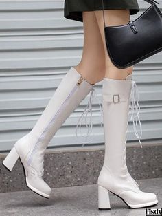 Fisdy - High-Quality Womens Knee-High Boots with Platform, Chunky Heel, and PU Leather Boots With Platform, Cowgirl Boots Wedding, Pu Boots, Wedding Boots, Buckled Flats, Buckle Ankle Boots, Platform Ankle Boots, Womens Knee High Boots, Cowgirl Style