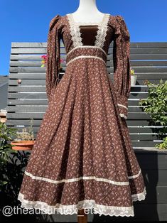 70's Gunne Sax Brown Floral & Velvet Midi Dress Sz XS - Etsy Gunne Sax Dress Pattern Free, Brown Lace Trim Dress For Fall, Vintage Brown Prairie Dress For Fall, Brown Vintage Prairie Dress For Fall, Brown Fitted Prairie Dress, Fitted Brown Prairie Dress, Fitted Brown Cottagecore Dress, Fitted Brown Prairie Dress For Fall, Fitted Vintage Brown Prairie Dress