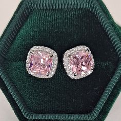 ⊹  ⊹ ⊹  ⊹ 2ct Square Cushion Cut Pink CZ Earrings, Ice Pink CZ Diamond Studs, Sparkling Pink Zirconia Studs, Pink Zirconia Halo Diamond* Stud Earrings ⊹  ⊹⊹  ⊹   ⊹ Ice pink cushion cut cubic zirconia stud earrings ⊹ Flawless grade CZ stones ⊹ Fancy 2 carat on each side, 4 total ⊹ Sparkling luster set in 4 prong halo frame  ⊹ Shimmers with tiny white cubic zirconia ⊹ High quality materials with silver rhodium plating ⊹ Beautiful Art Deco Style ⊹ Center stone is 8MM ⊹ Overall dimension of earring Pink Cushion, Halo Stud Earrings, Pink Studs, Pink Cushions, Halo Earrings Studs, Cz Earrings, Velvet Pouch, Square Earrings, Diamond Stud