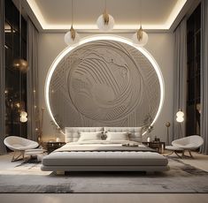 a modern bedroom with an intricate circular wall panel in the center and white bedding