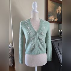 Zara Pearl Embellished Women's Cardigan Sweater New Sz. Small Mint Green Chic Winter Embellished Cardigan, Winter Embellished Long Sleeve Cardigan, Embellished Long Sleeve Cardigan For Winter, Long Sleeve Embellished Cardigan For Winter, Chic Embellished Spring Sweater, Embellished Long Sleeve Cardigan For Fall, Chic Embellished Fitted Sweater, Embellished Long Sleeve Cardigan, Embellished Fitted Sweater For Spring