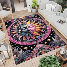 the sun and moon rug is shown in this living room