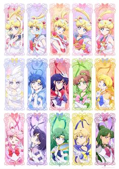 the sailor girl characters are all in different colors and sizes, each with their own name