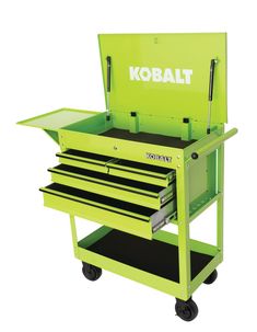 the kobalt tool cabinet is green and has four drawers on each side with wheels