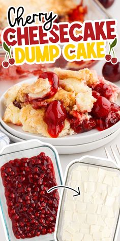 cherry cheesecake dump cake in a white bowl with the words cherry cheesecake dump cake below it