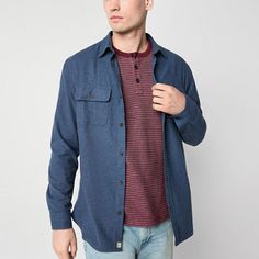 Made from soft cotton-flannel, this men's button-down shirt from mutual weave gives your wardrobe premium layering potential. It features a spread collar, flap-button chest pockets, long sleeves, button cuffs, and a curved hem. Wear it open over a henley with jeans.Closure Type: ButtonFit: Regular FitNeckline: Collar NeckPockets: 2 Chest Button PocketsSleeve Length: Long SleeveSleeve Style: Cuffed SleeveApparel Length: 33 InchesFiber Content: 100% CottonFabric Description: FlannelCollar: Point … Everyday Blue Cotton Flannel Shirt, Blue Shirt For Casual Fall Gatherings, Blue Fall Shirt For Casual Gatherings, Blue Casual Shirt For Fall Gatherings, Everyday Blue Fall Shirt, Blue Button-up Everyday Flannel Shirt, Everyday Blue Button-up Flannel Shirt, Classic Blue Flannel Shirt For Fall, Flannel Shirts