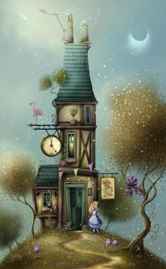 a painting of a house with a clock on it