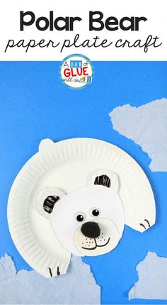 polar bear paper plate craft on a blue background with the words art glue written below it