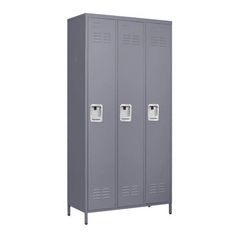 a gray metal locker with two doors