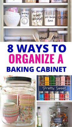 the words 8 baking cabinet organization ideas are in purple and blue with images of kitchen items