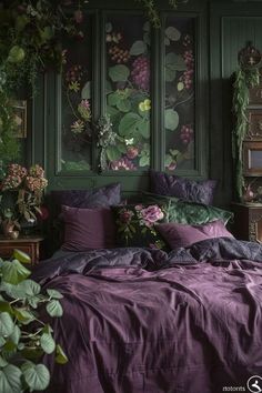 a bed covered in purple sheets and pillows next to green walls with plants on it