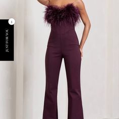 Burgundy Shaped Neckline Corset Jumpsuit With Feather Trim Detail Brand New - Never Worn And In Original Packaging. Size Us 10 Features: Bandeau Neckline Feather Trim Corset Bodice Tailored Trousers Cotton Fabric Concealed Back Zip Cotton Fabric (50% Cotton, 47% Polyester, 3% Elastane) Purple Sets For Fall Party, Fitted High Waist Pantsuit For Party, Glamorous Fitted Pantsuit For Fall, Purple Fitted Jumpsuits And Rompers For Party, Fitted Purple Jumpsuits And Rompers For Date Night, Corset Jumpsuit, Floral Playsuit, Club L London, Satin Jumpsuit