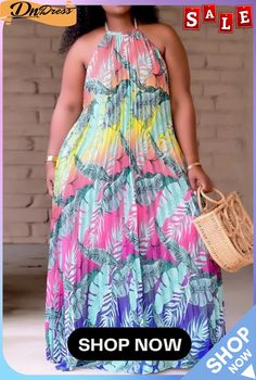 Cyan Fashion Sexy Plus Size Print Backless Fold O Neck Sleeveless Dress Strapless Green Sleeveless Dress For The Beach, Multicolor Strapless Sleeveless Summer Dress, Summer Strapless Sleeveless Multicolor Dress, Pink Strapless Sleeveless Beach Dress, Sleeveless Tropical Style Party Dresses, Sleeveless Tropical Party Dress, Casual Multicolor Strapless Sleeveless Dress, Pink Sleeveless Halter Dress For Vacation, Sleeveless Tropical Maxi Dress For Beach Season