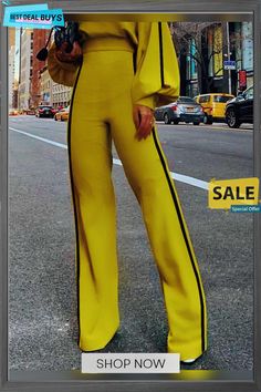 Urban Color Block Regular Fit Fashion Long Pants Yellow Color Block, Color Blocking Outfits, Fit Fashion, Clothing Essentials, Type Of Pants, Straight Pants, Online Shopping Clothes, Long Pants, Elegant Fashion