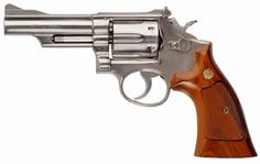 a silver and wood revolver on a white background