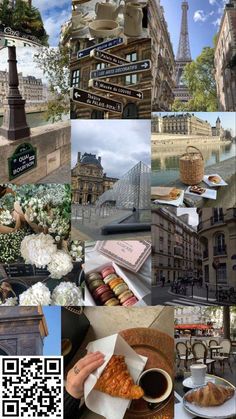 the collage has many different pictures including buildings, signs, and flowers in it