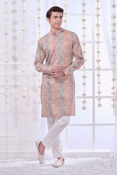 Pink straight kurta with multi colored kalamkari floral Mughal prints. Comes with solid pyjama. - Aza Fashions Traditional Multicolor Floral Print Kurta, Festive Multicolor Floral Print Kurta, Multicolor Printed Kurta For Eid, Multicolor Printed Kurta With Traditional Drape, Multicolor Traditional Drape Kurta With Printed Motifs, Traditional Drape Multicolor Kurta With Printed Motifs, Designer Wear Traditional Drape Kurta With Kalamkari Print, Designer Traditional Drape Kalamkari Kurta, Designer Multicolor Kurta For Transitional Season