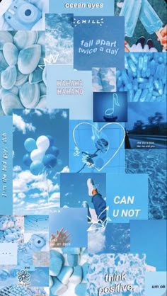 a collage of blue and white images with words on them that say i love you