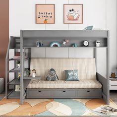 a bunk bed with a futon underneath it in a child's playroom