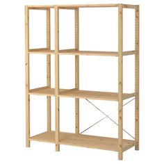 a wooden shelving unit with four shelves