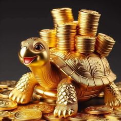 a gold turtle sitting on top of stacks of coins