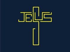 the word jesus written in yellow on a dark blue background with a cross at the bottom