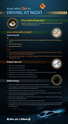 the road safety tips for driving at night poster is shown in black and orange colors