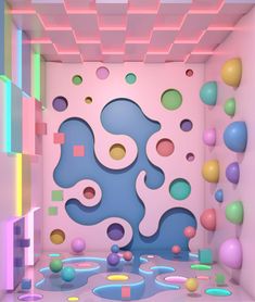 a room with many different colored balls on the floor and walls, all around it