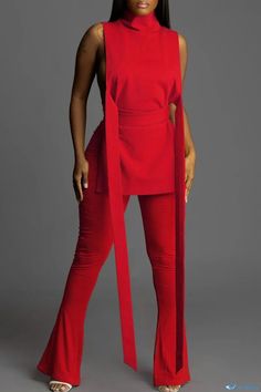 OrcaJump - Opulent Crimson Solid Bandage Two-Piece Set with Exquisite Hollowed Sleeves Yellow Two Piece, Bandage Top, Black Bandage Dress, High Waisted Flare Pants, Club Outfits For Women, Mode Kimono, Pink Two Piece, Turtleneck Sleeveless, Look Formal