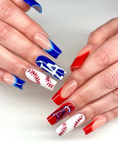 Anaheim Angels & LA Dodgers nails ❤️ #angelsbaseball #dodgers #nails #nailsofinstagram #nailart #nailartdesigns #anaheim #nailsoftheday #bluenails #rednails #nailideas #longnails #longnaildesigns Dodgers Nails, Baseball Themed Nails, Dodger Nails, Baseball Nail Designs, Baseball Nails, Sports Nails, Anaheim Angels, Angels Baseball, La Nails