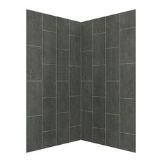 an open shower stall with grey tiles on the walls and floor, in front of a white background