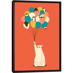 a cat with balloons floating in the air on an orange background canvas wall art print