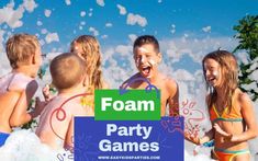 four children playing in foam party games with the words foam party games written on it