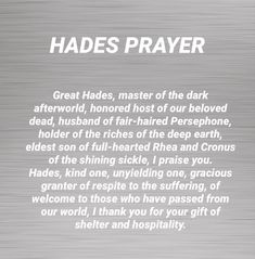 a metal plaque with the words hades prayer written in white on it and an image of